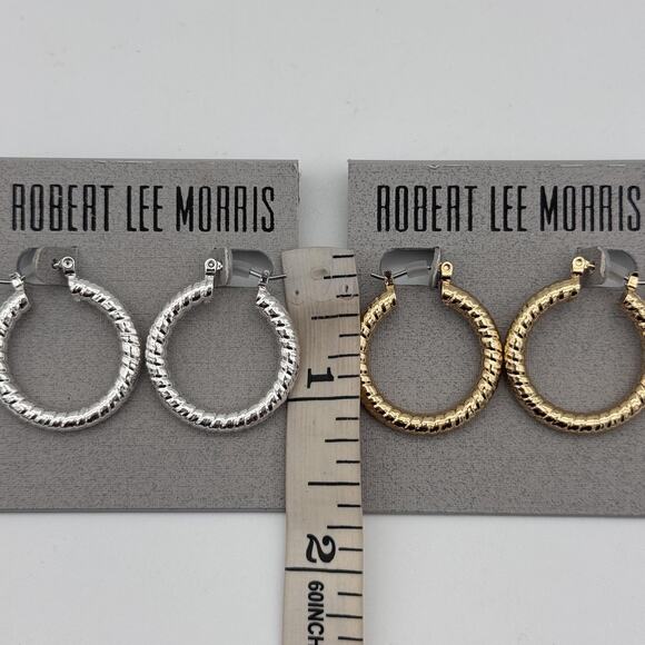 Robert Lee Morris Hoop Earrings Set of 2 Pairs Silver Gold Tone Textured NEW - Picture 5 of 9